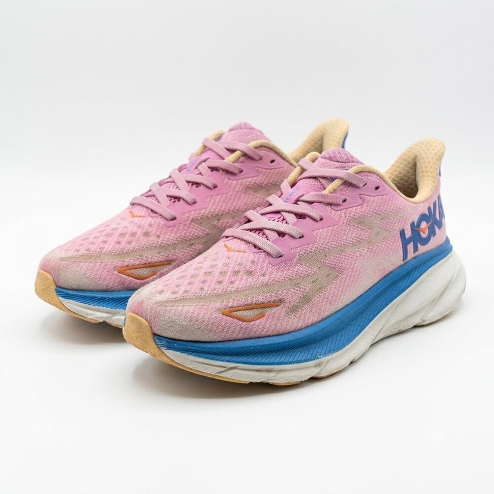 Women's HOKA Clifton 9 Running Shoes Pink/Blue Athletic Sneakers Size 7B